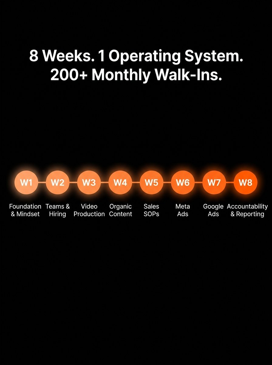 8-week timeline: Foundation, Teams, Video, Organic, Sales, Meta, Google, Reporting