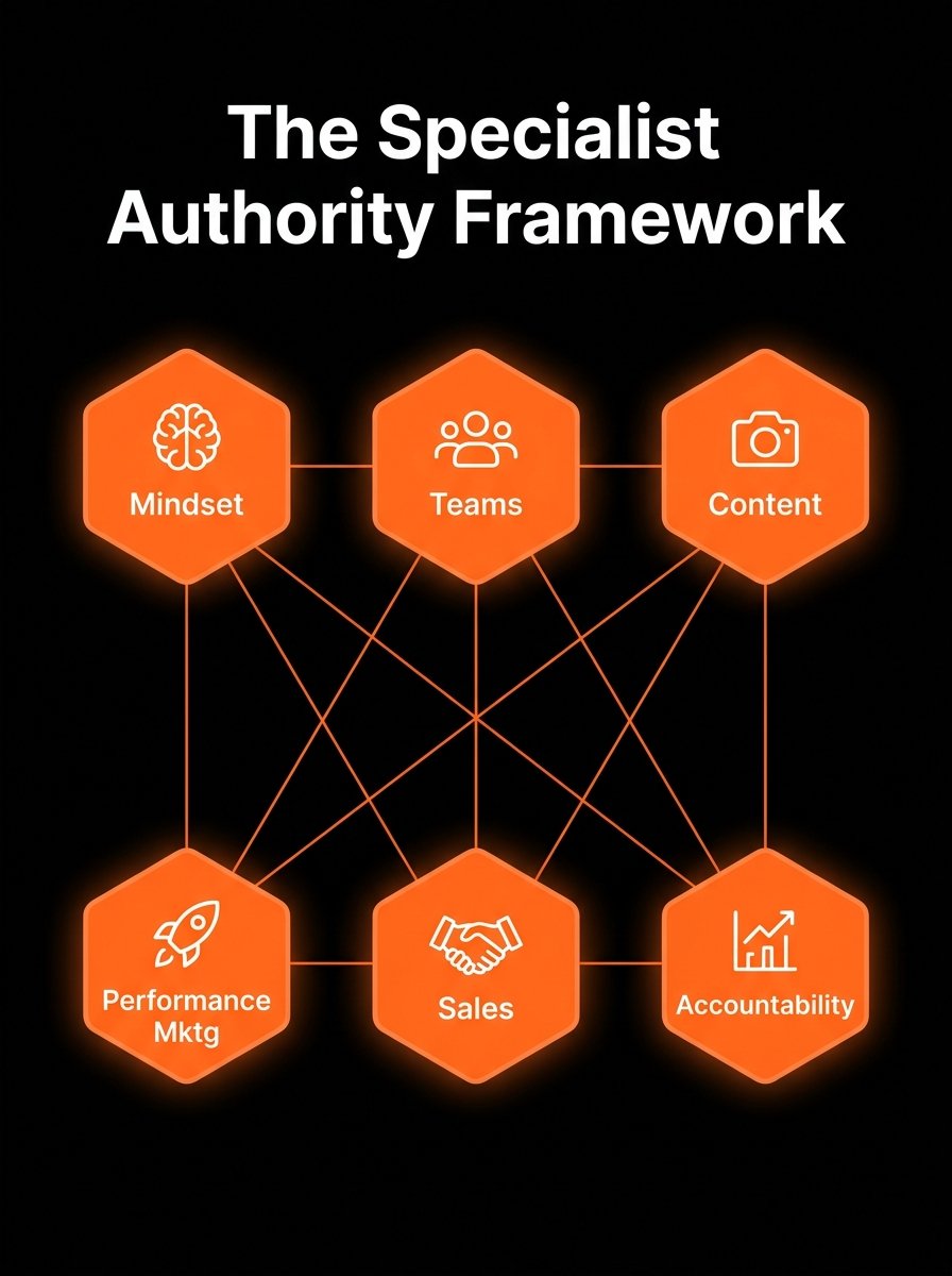 Specialist Authority Framework hexagon: Mindset, Teams, Content, Performance Marketing, Sales, Accountability